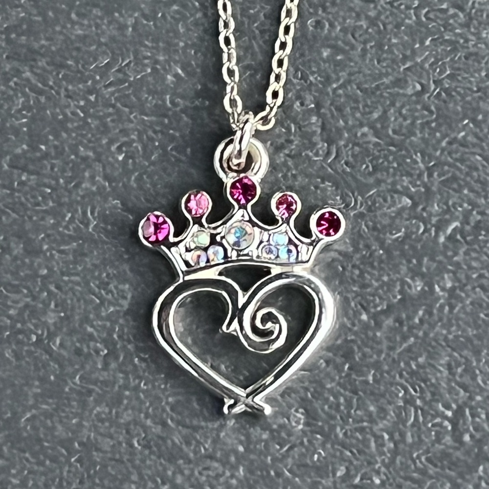 Silver Tone Heart&Crown Pendant Necklace; Pink Rhinestones; Adjustable 15-17in